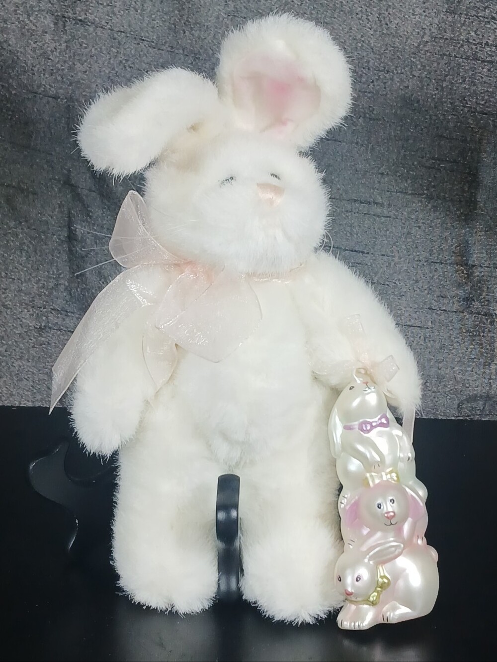 Vtg Dillard's Plush White Easter Bunny Rabbit Stacked Glass Bunnies Ornament